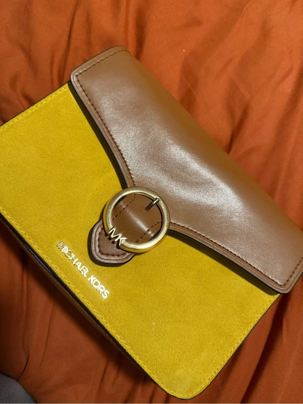 Michael Kors Yellow Suede and Brown Leather Shoulder Bag with Gold Chain